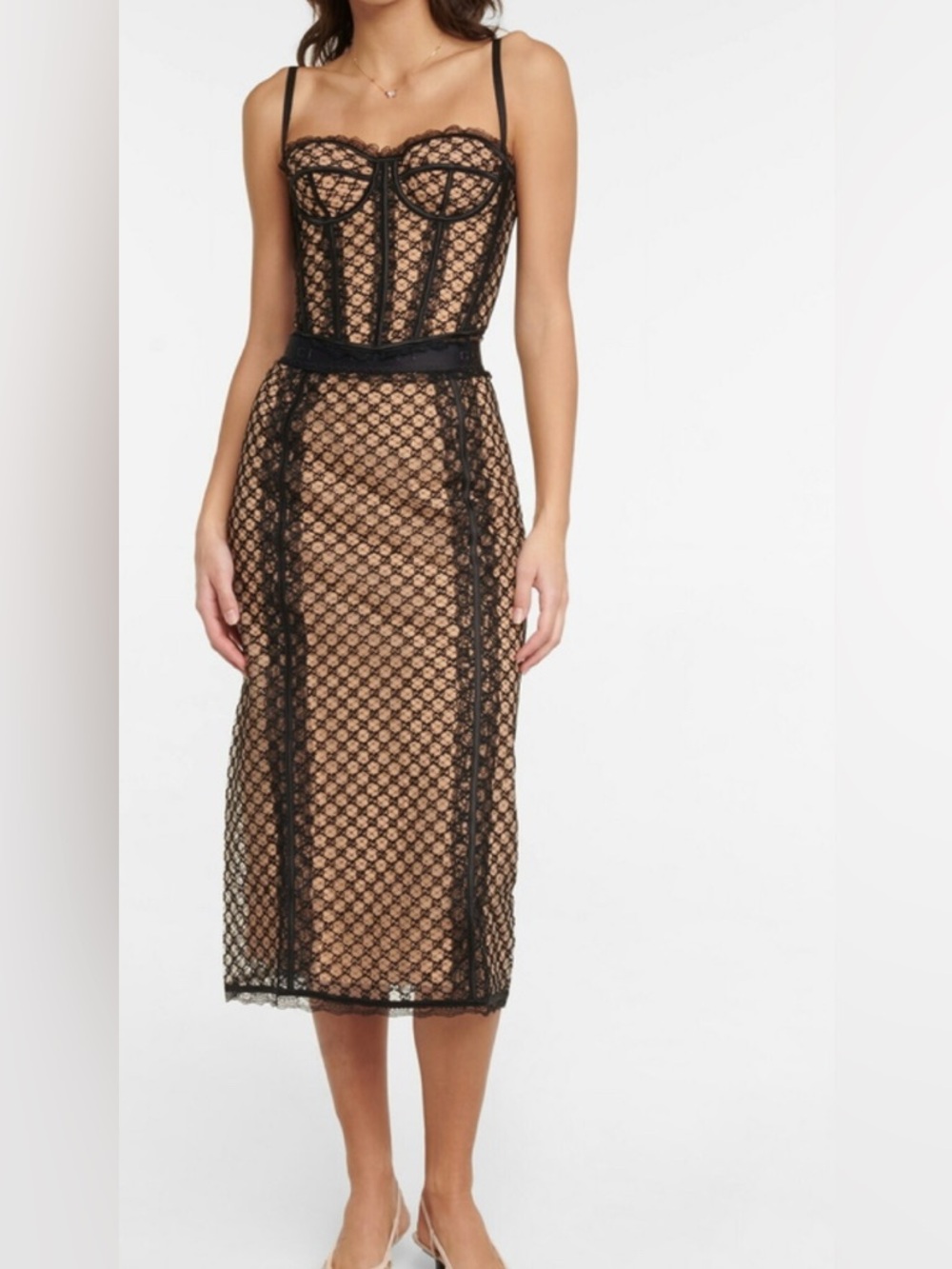 Gucci GG net Black Lace Midi Skirt with Nude Slip NWT